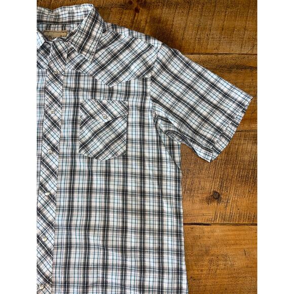 Mens Wrangler Western Shirts Black Blue Plaid Short Sleeve Snap Button Shirt XL - Picture 4 of 7